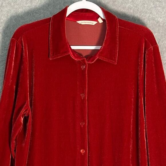 Soft Surroundings Sz L Red‎ Velvet Boyfriend Button Front Tunic Blouse Collared - Picture 8 of 12